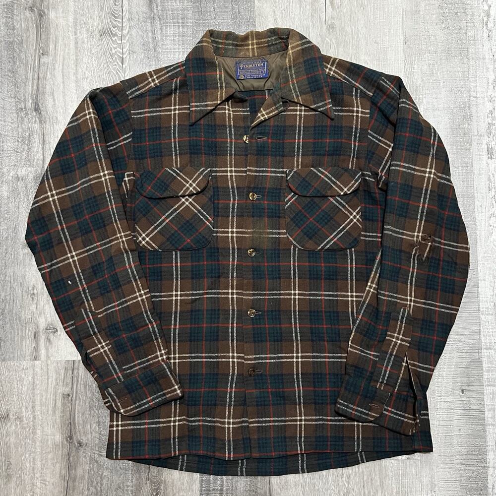 VTG 70s-80s Pendleton Board Shirt Brown Loop Collar Flap Pocket Board Shirt READ